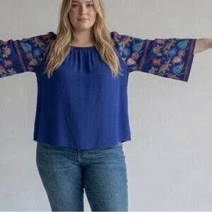 Velzera Upcycled Blue Boho Peasant Blouse Embroidered
Floral Bell Sleeves 3XL
